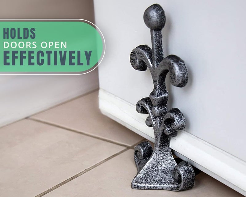 Comfify Fleur De Lis Cast Iron Door Stop â€“ One Decorative Wedge with Felt Bottom â€“ Antique Silver and Black â€“ 4" x 3.5" x 7.75" - Image 5